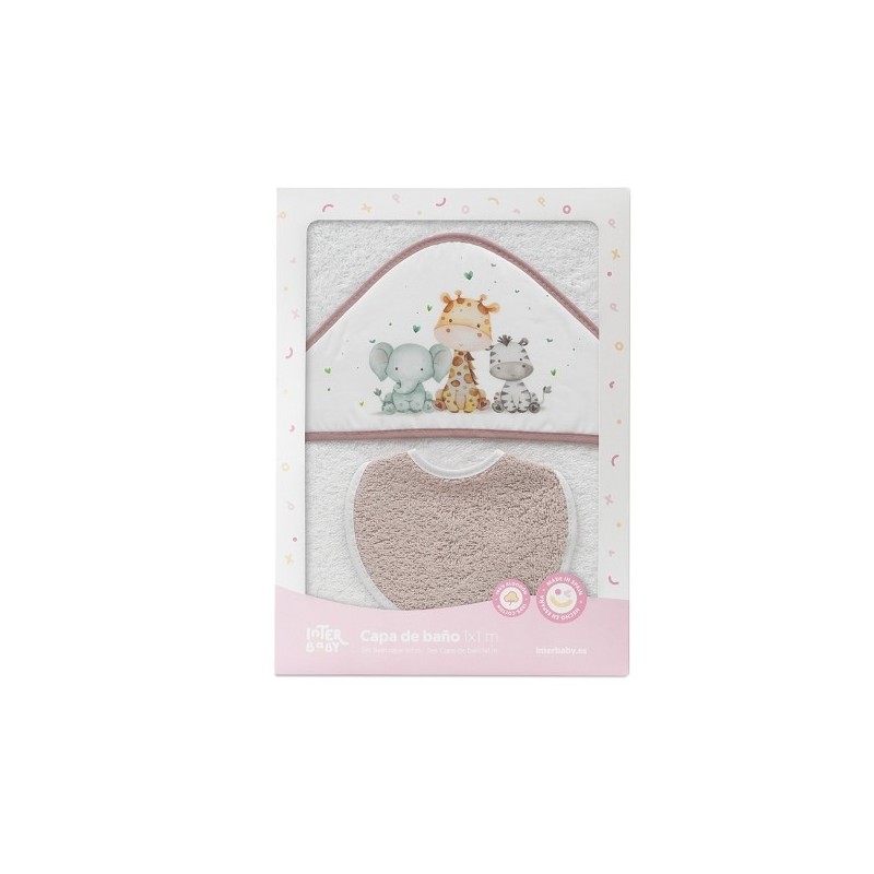 Interbaby Jirafa Elefante Μπουρνούζι Κάπα & Σαλιάρα White-Dark Pink
